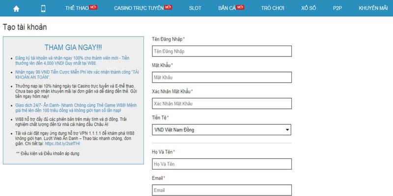 Tạo tài khoản để dễ dàng tham gia xổ số W88